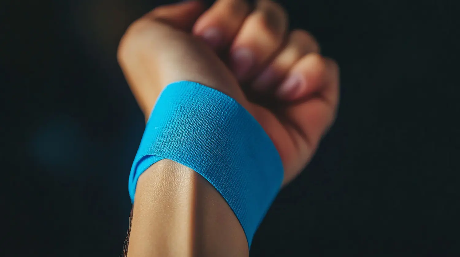 Eine Nahaufnahme einer Hand mit einem blauen Band am Handgelenk.